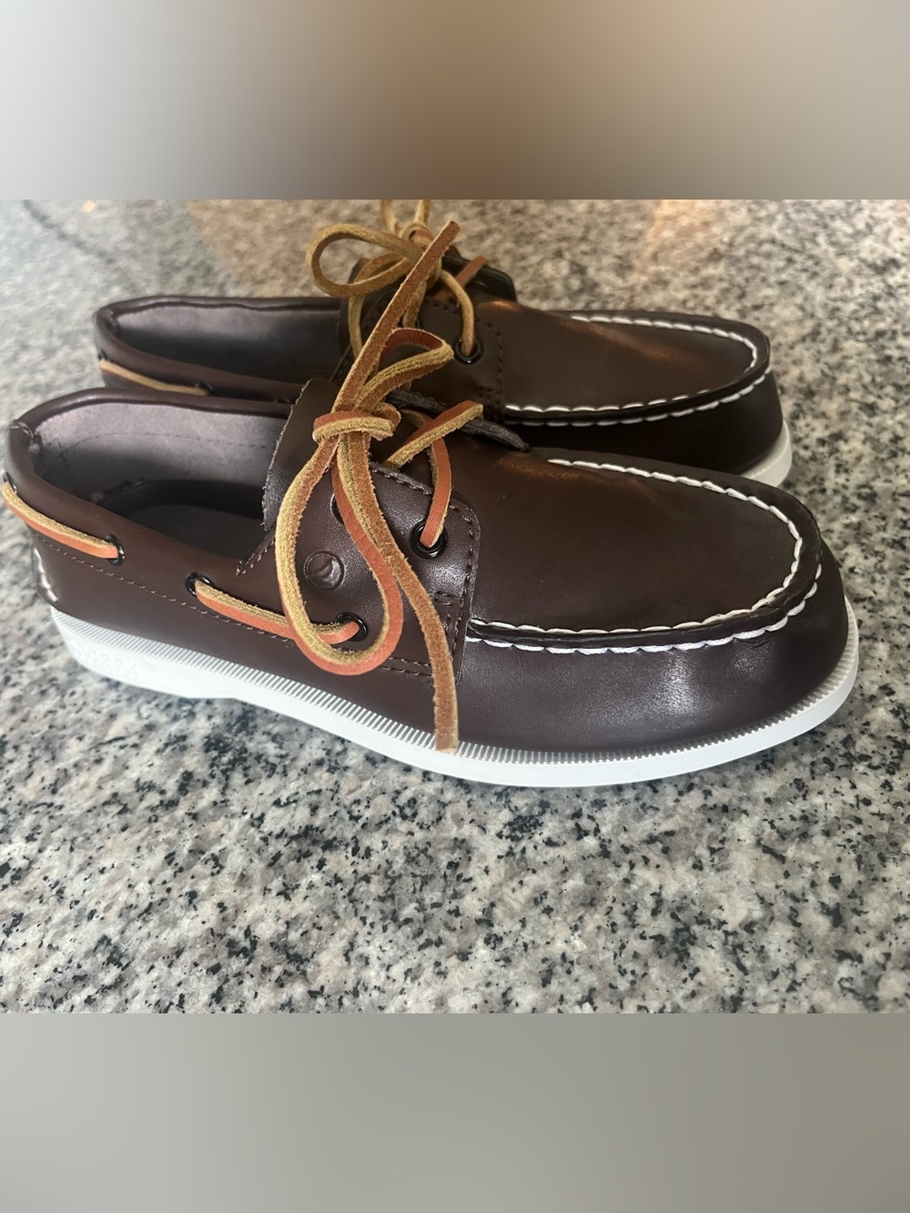 Sperry Dark Brown Leather Boat Shoes with White Stitching
